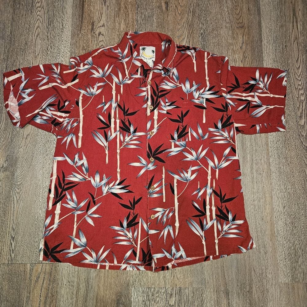 Mens Hawaiian Shirt Banana Cabana Men’s XL Short SleeveTropical Red 100% Silk